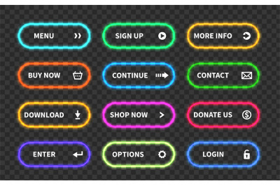 Set of glow action buttons. Neon web submit form, modern transition si