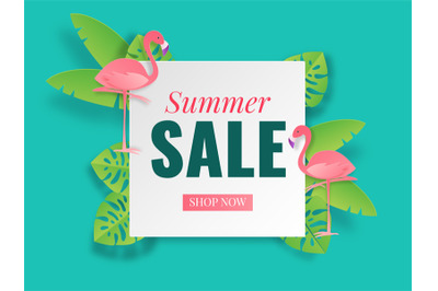 Summer sale banner. Tropical paper cut poster. Vector travel and vacat