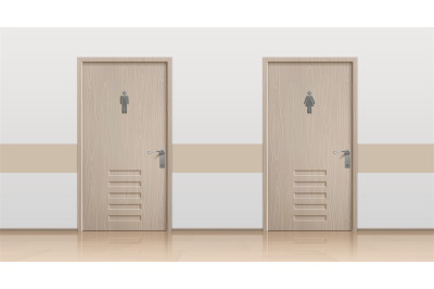 Toilet doors. Realistic interior mockup with bathroom doors for men an