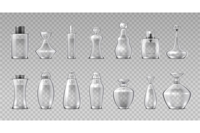 Perfume bottles. Realistic 3D glass containers for fragrance water, ar