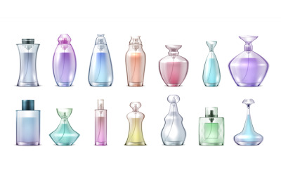 Fragrance bottles. Realistic clear glass with perfumes, collection of