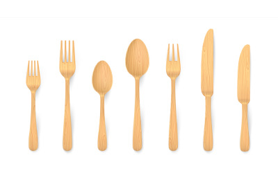 Realistic wooden cutlery. Biodegradable bamboo forks, spoons and knife