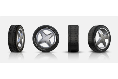 Realistic car tires. 3D isolated auto tyres with alloy rims, detailed