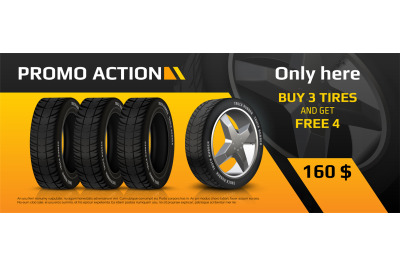 Realistic tire banner. Car wheel repair and auto rubber advertising fl