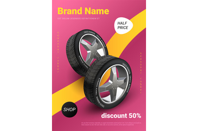 Realistic tire poster. Car wheel promo&2C; auto service and seasonal tyre