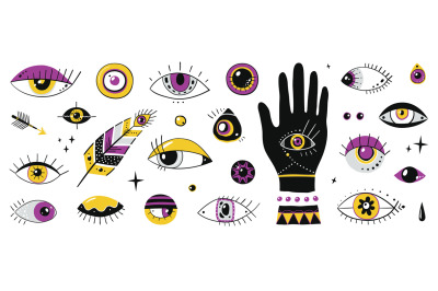 Hand drawn eyes. Doodle contemporary ornamental symbols, evil magic tr