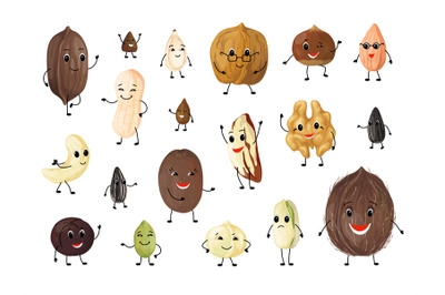 Nuts cartoon characters. Cute mascot persons for kids illustration, pe