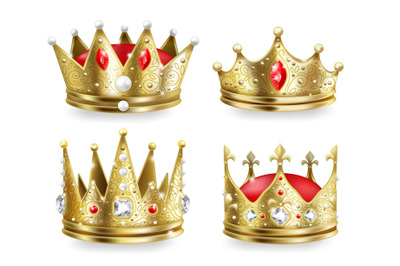 Realistic crowns. Kings and queens golden royal headdress, 3D medieval