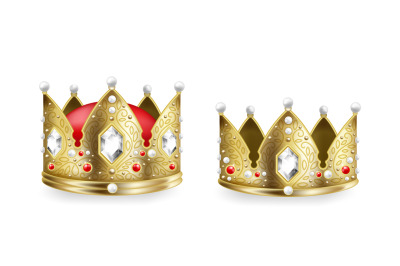 Realistic king and queen crowns. 3D golden royal monarch headdress col