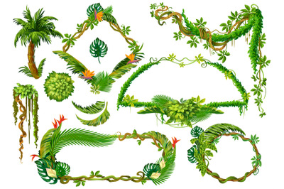 Cartoon tropical plants. Liana branches and forest jungle leaves, game