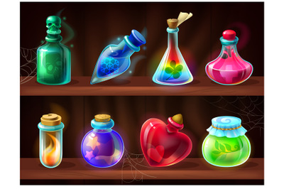 Potion bottles. Game alchemist liquids on wooden shelf, cartoon love p