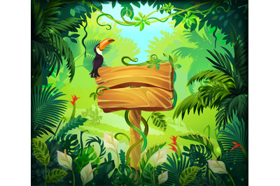 Cartoon jungle background. Tropical forest nature frame, game screen w