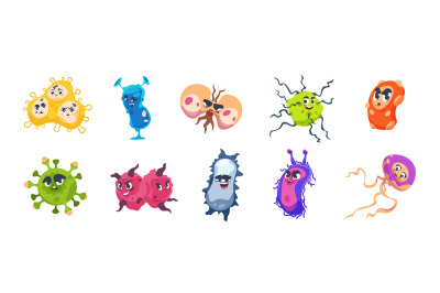 Virus characters. Cartoon infection bacteria and flu germs, microbiolo