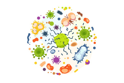 Cartoon bacteria. Virus infection, flu germs and micro organism in cir