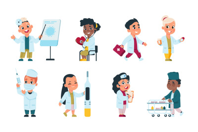 Kids doctors. Cute cartoon characters playing nurses with medical equi
