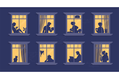 Neighbors in windows. Cartoon characters at their apartment reading bo