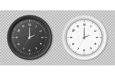 Realistic clock. Round white and black metal or plastic office clocks.