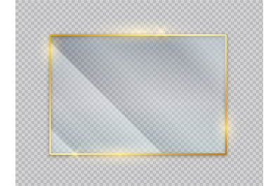 Gold glass transparent banners. Golden frame with glare reflection eff