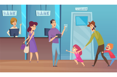 Bank service. Busy dad and kids, financial conculting vector illustrat