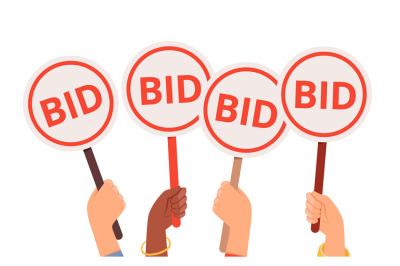 Bidding process. Auction paddles, flat hand holding plates. Finance or