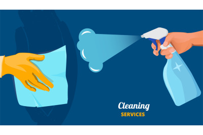 Cleaning service. Clean surface, hands with spray and fabric. Arm wipe