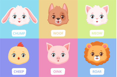 Cute animal faces. Cartoon wild characters&2C; baby kids pastel colors ca