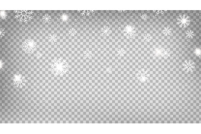 Falling snow. Snowflakes on transparent background, shine winter seaso