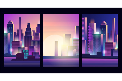 Glow city landscape. Cyberpunk style urban, futuristic neon skyscraper