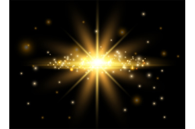 Gold light effect. Shining star, bokeh effect and flying glow vector e