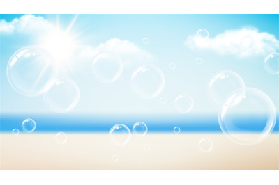 Transparent bubbles. Summer vacation background, beach ocean sun day.