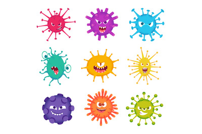 Virus faces. Medical characters bacteria mascot smiling monster pathog