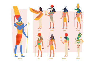 Ancient egypt gods. Pharaoh anubis osiris egyptian people vector authe