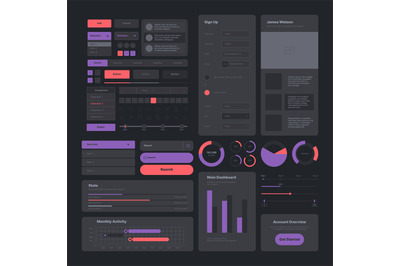 Ui dark. Web design pages layout user icons buttons dividers navigate