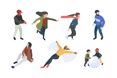 Winter people. Isometric characters in winter clothes walking enjoying