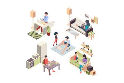 Work at home isometric. People working at laptop sitting on comfortabl