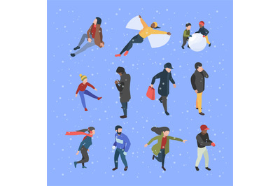 Winter isometric people. Male and female characters in clothes in wint