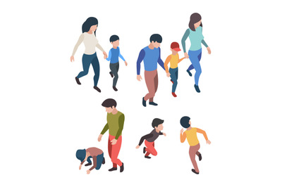 Family isometric. People father mother children playing walking happy