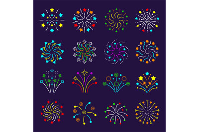 Flat fireworks. Celebration burst stars entertainments birthday gift s