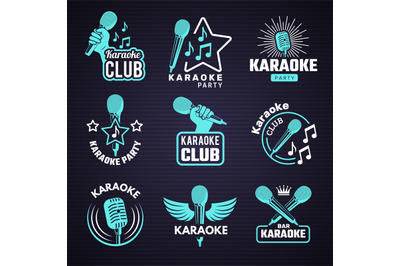 Karaoke badges. Emblem for music studio microphone radio vinyl symbols