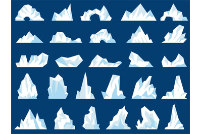 Iceberg illustrations. Crystal freezing mountains snow hills in ocean