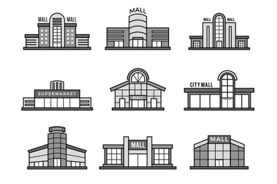 Retail stores symbols. Supermarket icons shopping mall facade building