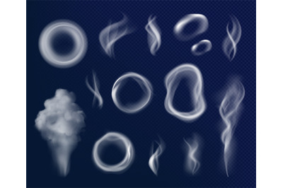 Cigarettes smoke circles. Gray flowing steam shapes fumes toxic smoke