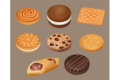 Cookies. Realistic delicious sugar cookies decent vector illustrations