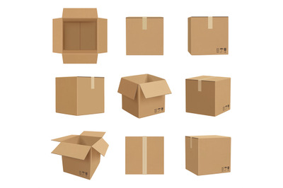 Cardboard boxes. Deliver craft packages front and side view decent vec