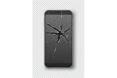 Cracked smartphone screen. Broken mobile telephone scratch glass decen