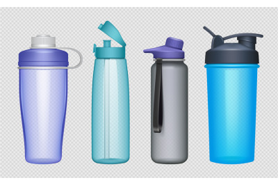 Sport bottles. Realistic fitness accessories water bottles protein dec