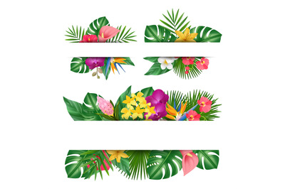 Exotic flowers banner. Tropical leaves, jungle plants and flower blank