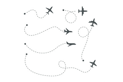 Plane paths. Airline routes&2C; airplane silhouettes and dotted trails ve