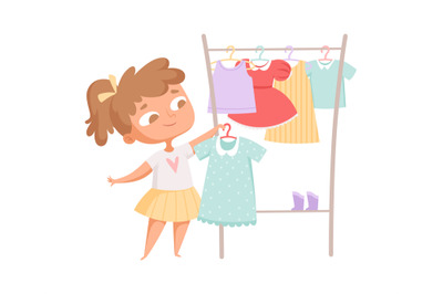 Buying clothes. Girl and dress, clothes rack. Cartoon child in fashion