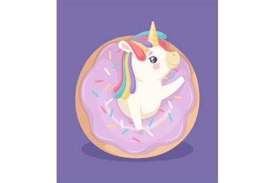 Cute unicorn with donut. Sweet poster&2C; bakery and fantasy animal. Cute